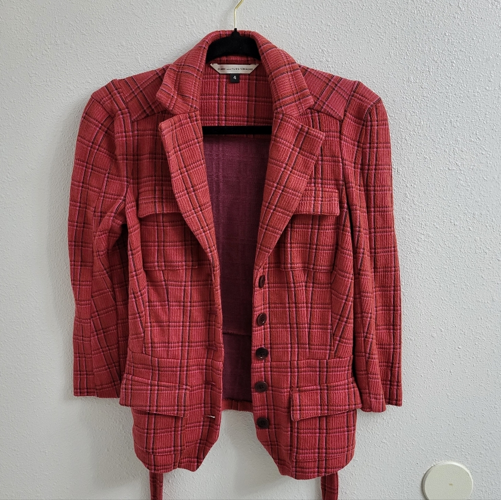 DVF Plaid Wool Belted Blazer